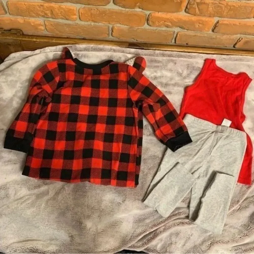 Carter's Buffalo Plaid Santa's Helper 3pc Set Red Tank‎ Gray Pants Holiday 24M